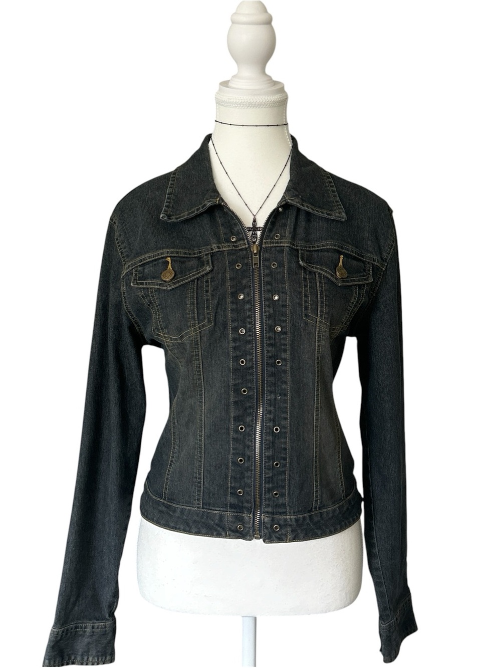 Y2K “So…” Black Studded Grommet Style Zip-up Denim Jean Jacket